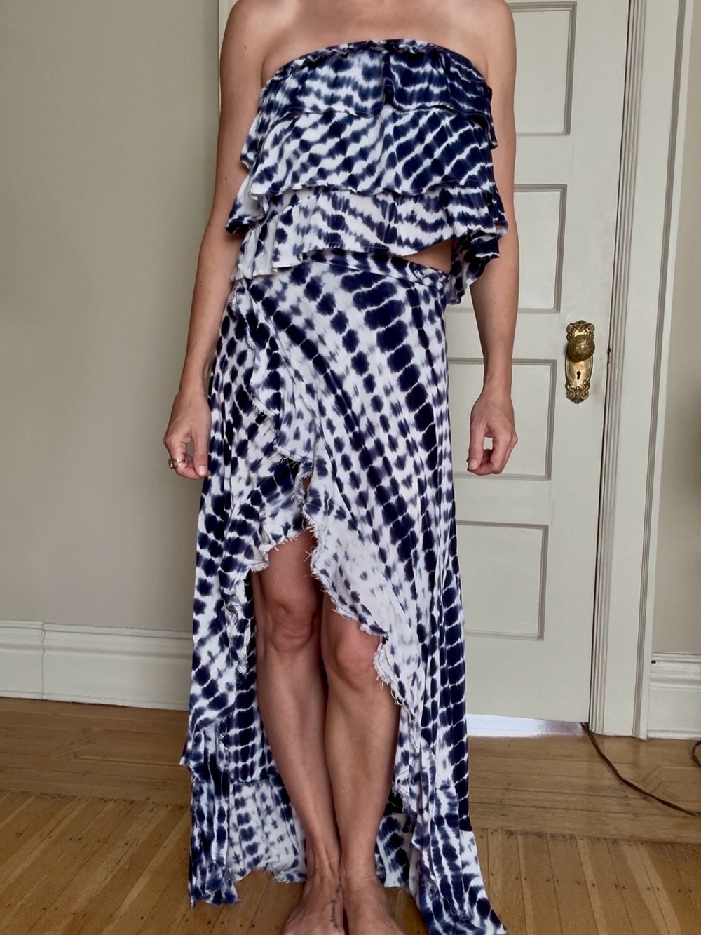 Skylar + Madison white and navy tie-dye cotton two piece set with ruffle details